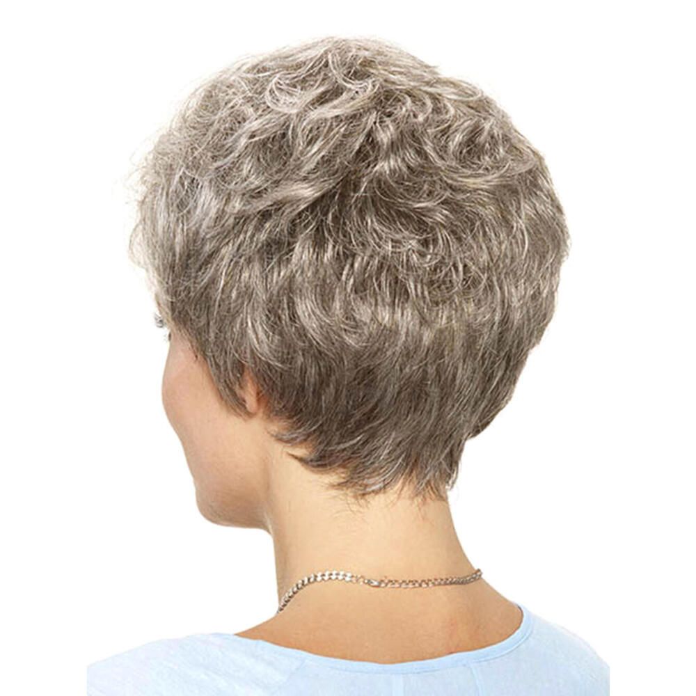 Kurzhaarperücke, graues Haar, Frau mit Halskette. Rückansicht.