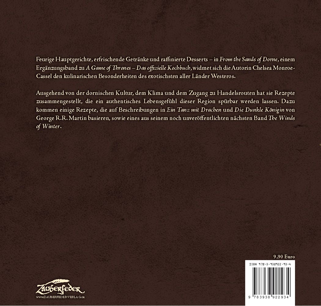 Buchrücken "From the Sands of Dorne". Text in Weiß auf braunem Hintergrund. ISBN-Code und Preis. Logo des Verlags Zauberfeder.