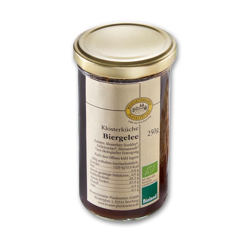 Glas Plankstettener Biergelee Bio, Deckel, Etikett, Bio-Siegel. Aufschrift: Biergelee. 250g. Zutatenliste.