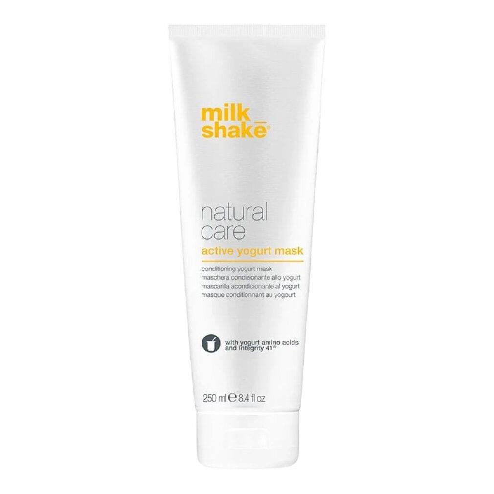 Weiße Tube mit gelbem Schriftzug Milk_Shake, Natural Care Active Yogurt Mask. Enthält 250 ml.