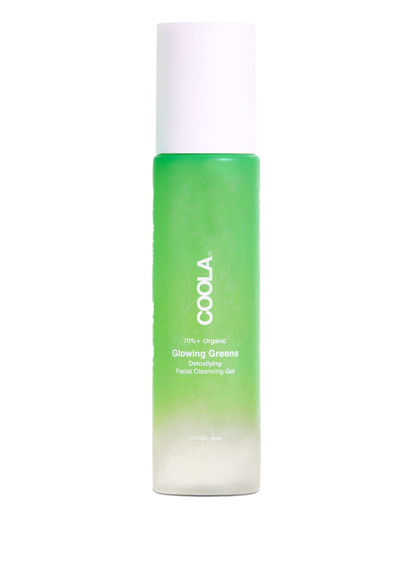 Zylindrische Flasche mit grünem Gel und weißem Deckel. Aufschrift: COOLA, Glowing Greens Detoxifying Facial Cleansing Gel.