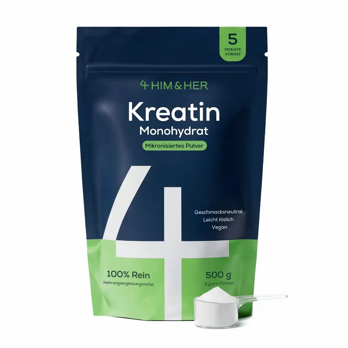 Dunkelblauer Beutel mit 4 HIM & HER Kreatin Monohydrat Pulver, 500g. Enthält Messlöffel.