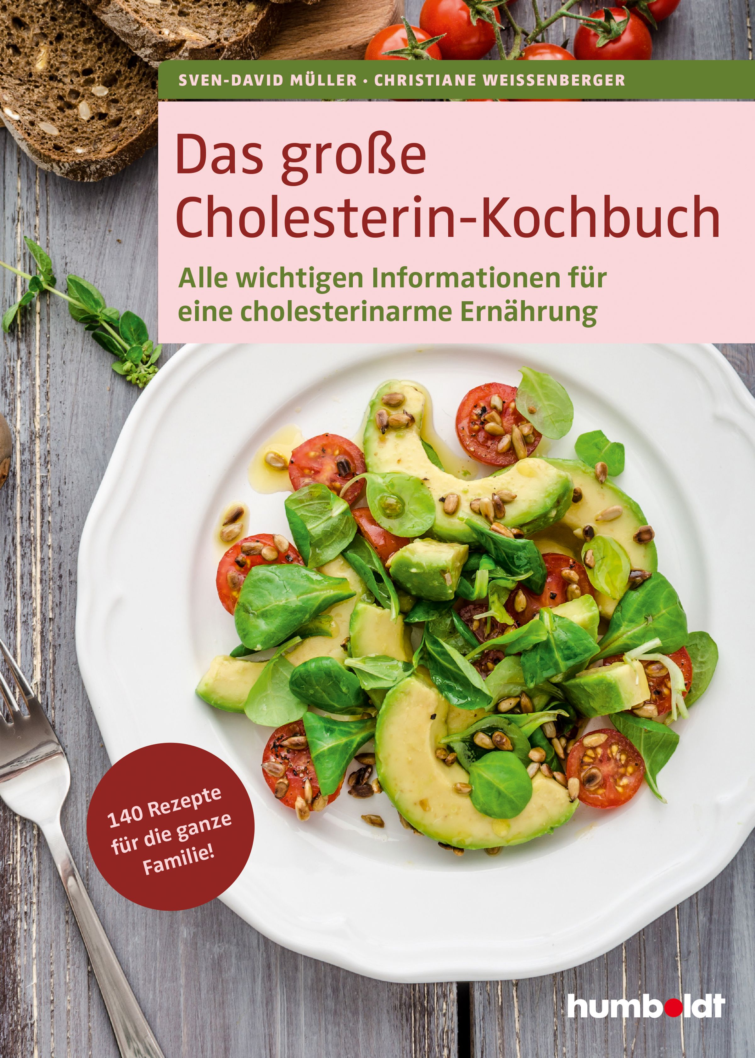Buchcover: "Das große Cholesterin-Kochbuch". Titel, Autoren, und Logo. Auf einem Teller Salat mit Avocado und Tomaten.