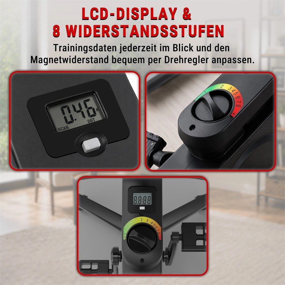 AsVIVA Desk-Bike H26: LCD-Display zeigt Trainingsdaten. 8 Widerstandsstufen per Drehregler einstellbar.