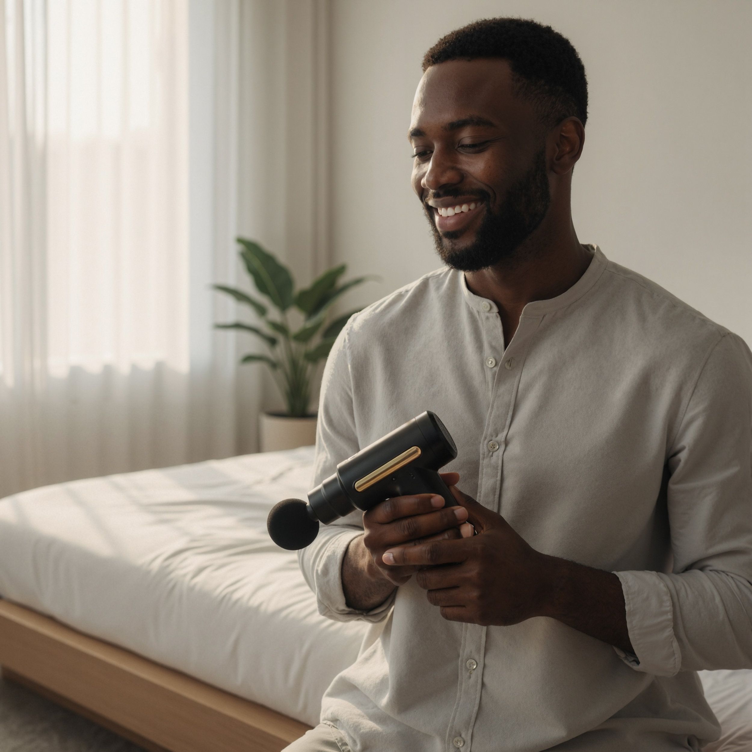 Schwarzes Massagegerät mit goldfarbenen Akzenten. Der Mann hält das Gerät in den Händen. Im Hintergrund ein Bett.