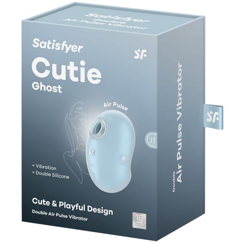 Verpackung des hellblauen Auflegevibrators. Marke Satisfyer, Modell Cutie Ghost. Produktabbildung.
