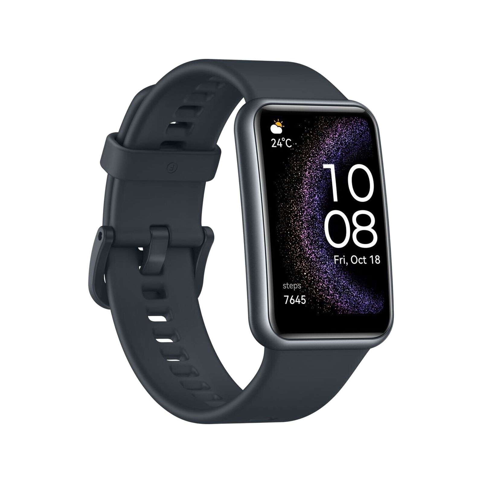 Fitness-Tracker mit Display und dunkelblauem Armband. Zeigt Uhrzeit, Datum, Temperatur und Schritte an.