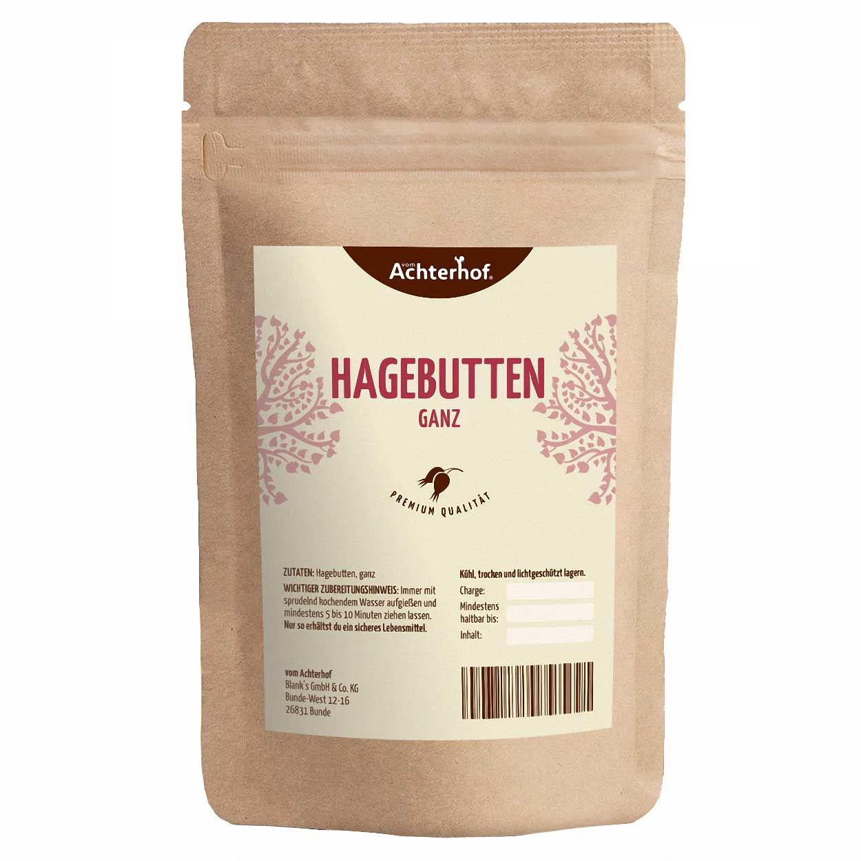 Beutel mit Aufschrift "Hagebutten ganz" und Logo "Achterhof". Braune Verpackung mit Etikett. Barcode und Text.