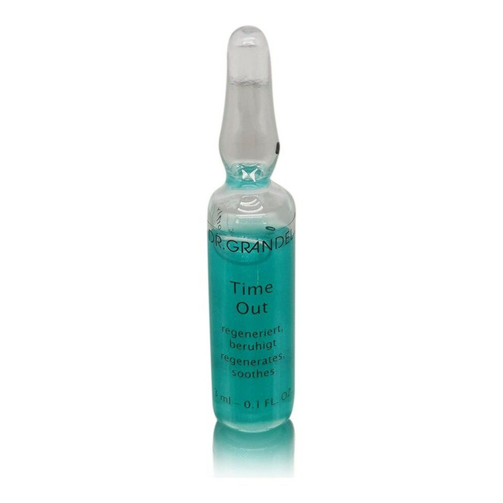 Einzelne Ampulle mit blauer Flüssigkeit. Aufschrift: Dr. Grandel, Time Out, regeneriert, beruhigt, 0.1 FL. OZ.