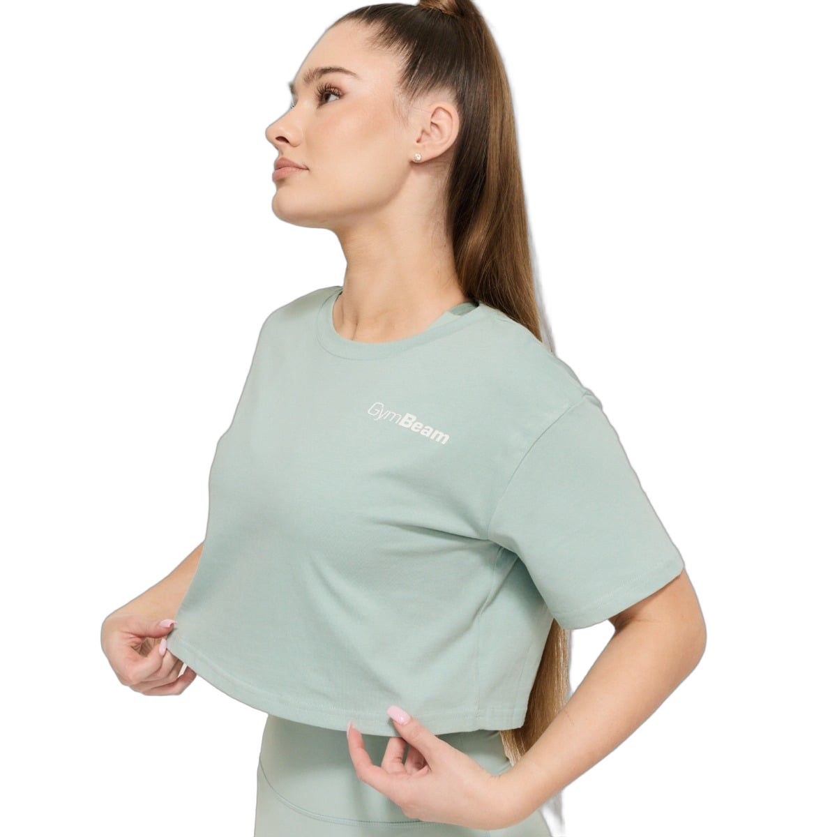 GymBeam T-Shirt Damen cropped loose Kurzarm mit Rundhalsausschnitt Eucalypt