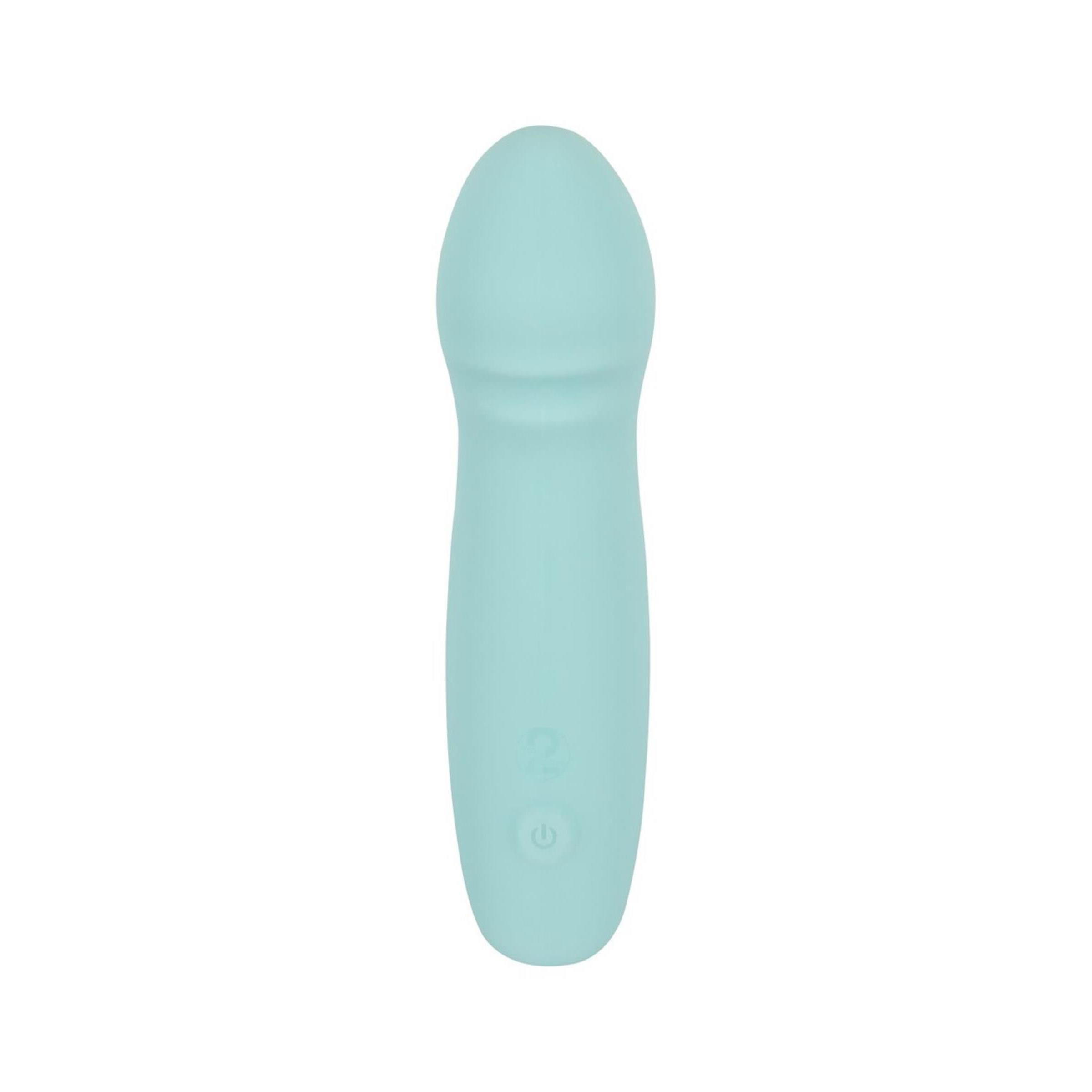 Türkisfarbener Vibrator mit abgerundeter Spitze und zwei Knöpfen. Ergonomisches Design.