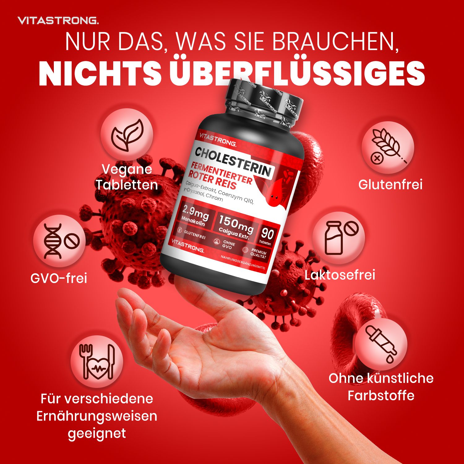 Hand hält Tablettenflasche. Text: Nur das, was Sie brauchen, nichts Überflüssiges. Vegan, glutenfrei, GVO-frei, laktosefrei.