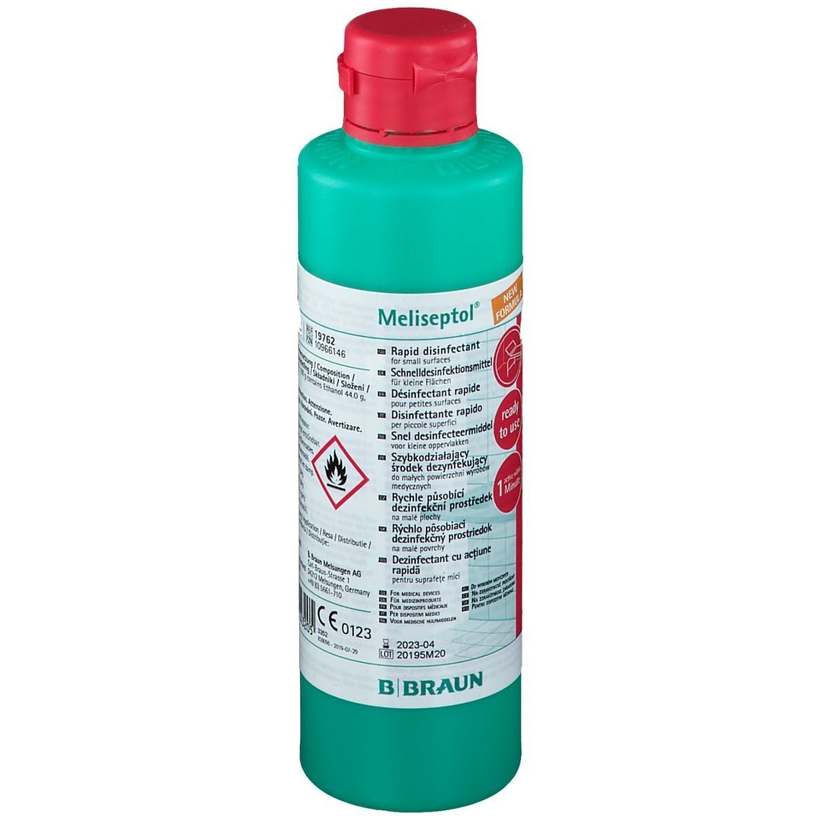 Grüne Flasche mit rotem Verschluss. Aufschrift: Meliseptol, Schnelldesinfektion. B. Braun Logo. Gefahrensymbol.