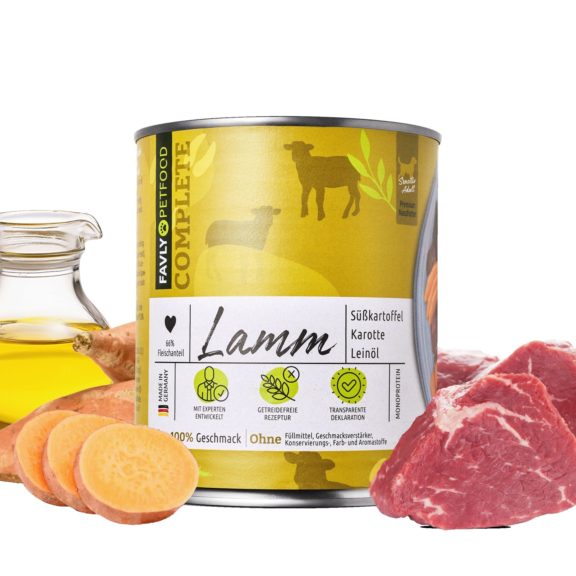 Dose Lamm-Hundefutter, daneben Süßkartoffelscheiben, Öl und Fleisch. Aufschrift: Lamm, Süßkartoffel, Karotte, Leinöl. Logo: Favly Petfood Complete.