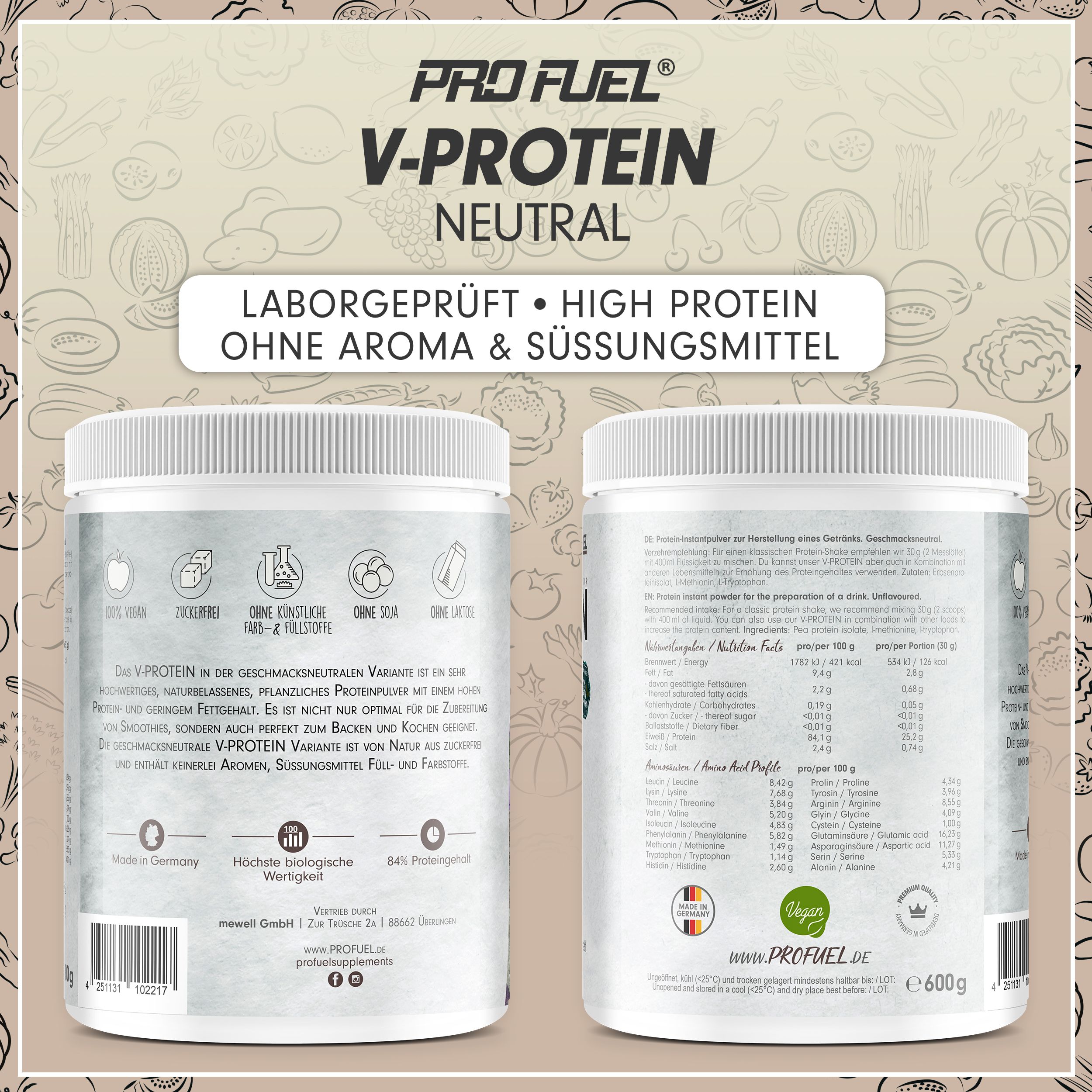 Zwei Seiten einer Dose "V-PROTEIN Neutral". Laborgeprüft, High Protein, ohne Aroma & Süßungsmittel.