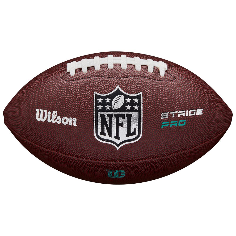 Brauner Football mit weißer Schnürung. NFL-Logo, "Wilson" und "STRIDE PRO" Schriftzug.