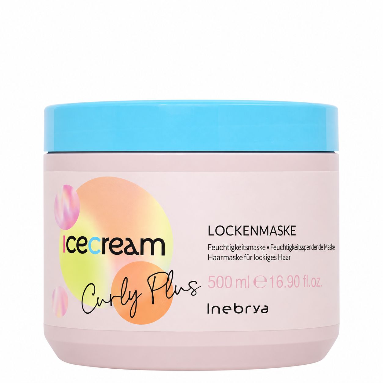 Rosa Dose mit türkisfarbenem Deckel, "ice cream Curly Plus" Aufschrift, 500ml.