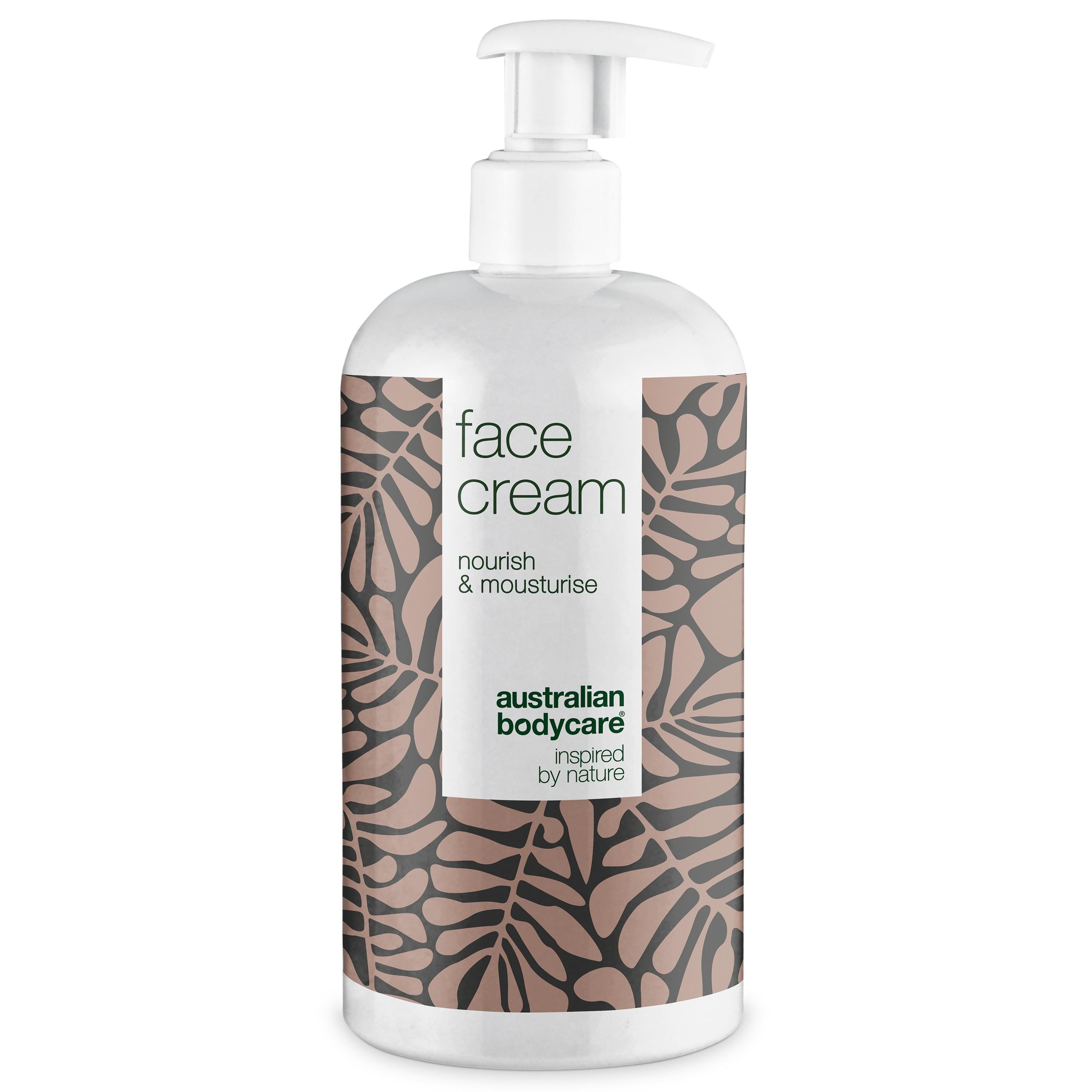 Weiße Flasche mit Pumpe. Aufschrift: face cream, nourish & moisturise. Logo: australian bodycare.