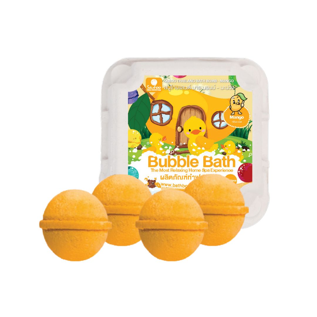 Vier gelbe, runde Badbomben neben einer Verpackung mit gelbem Design und Enten-Illustrationen.