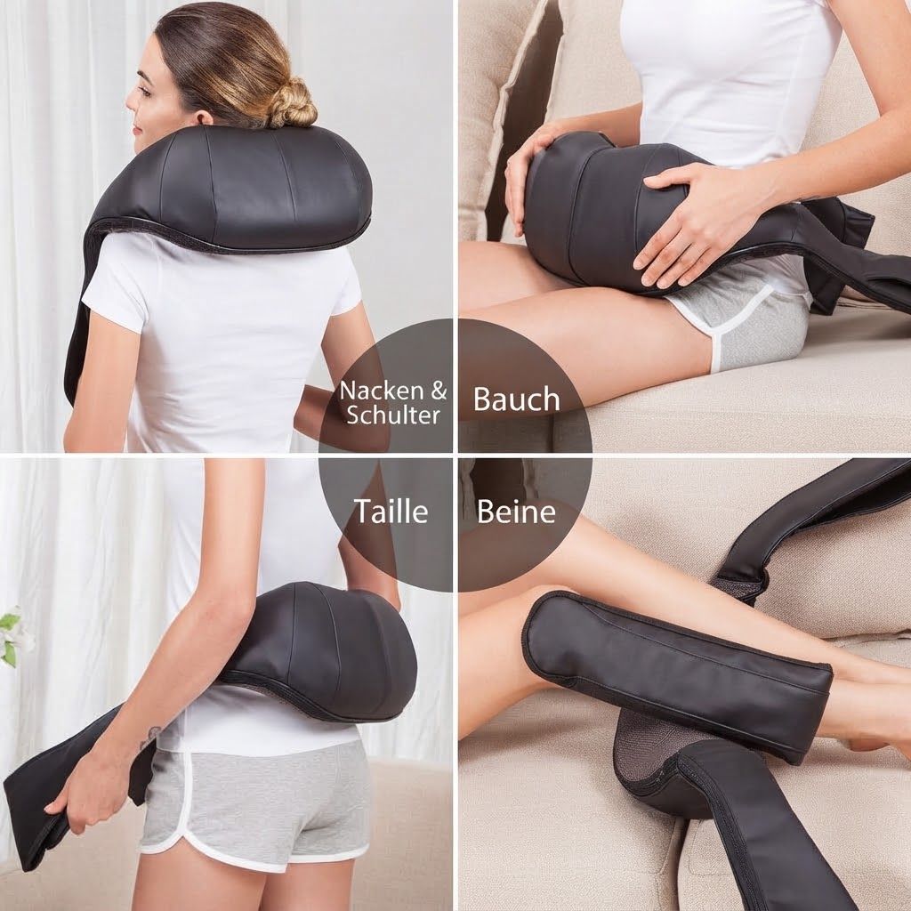 Vier Ansichten eines schwarzen Massagegeräts für Nacken, Schulter, Bauch, Taille und Beine.