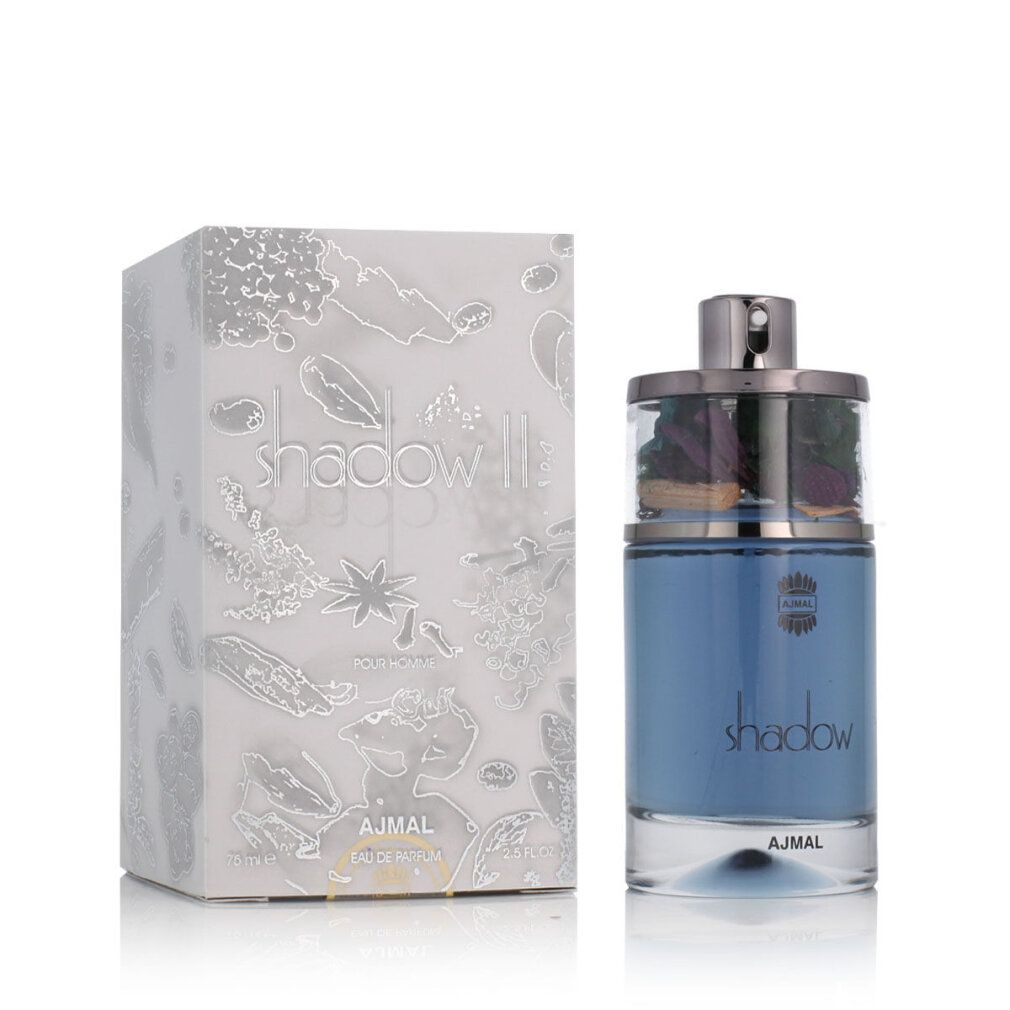Parfümflakon und Verpackung. Flakon mit "shadow" Schriftzug. Verpackung mit floralen Motiven und "shadow" Schriftzug.