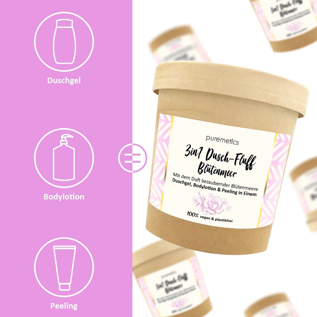 puremetics - 3-in-1 Dusch-Fluff mit Zuckerpeeling "Blütenmeer"