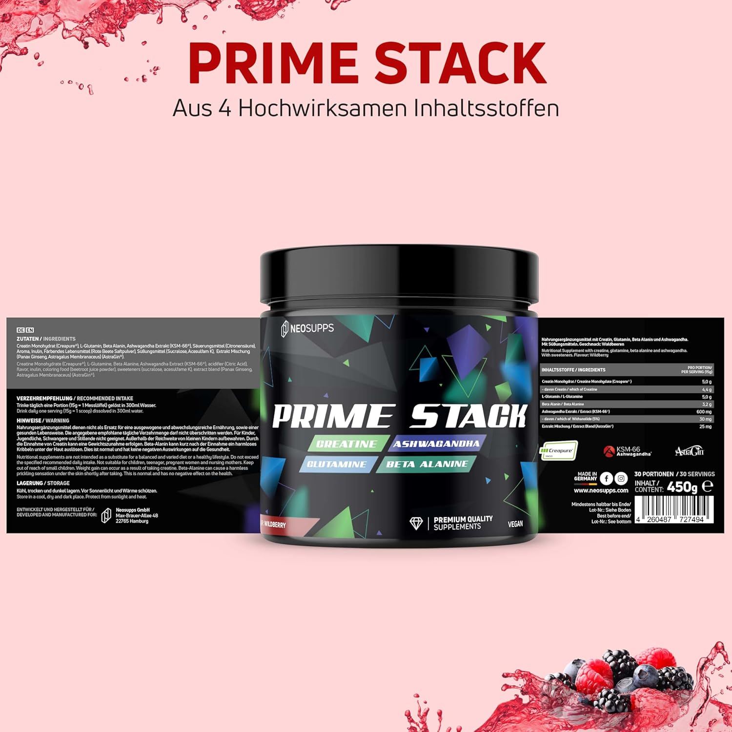 Dose Prime Stack mit Zutatenliste. Aufschrift Prime Stack, Creatine, Ashwagandha, Beta Alanin. 450g. Premium Quality Supplements. Vegan.