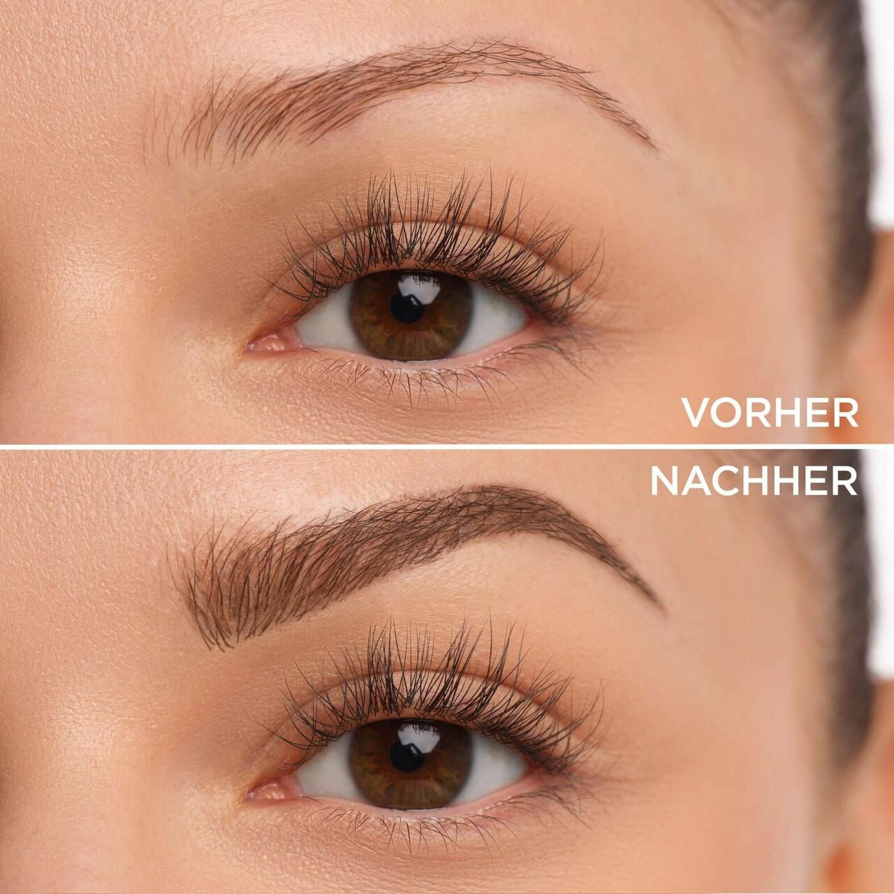 Vorher-Nachher-Vergleich. Augenbrauen. Oberes Bild: ungeformte Augenbraue. Unteres Bild: geformte Augenbraue. Text: Vorher, Nachher.