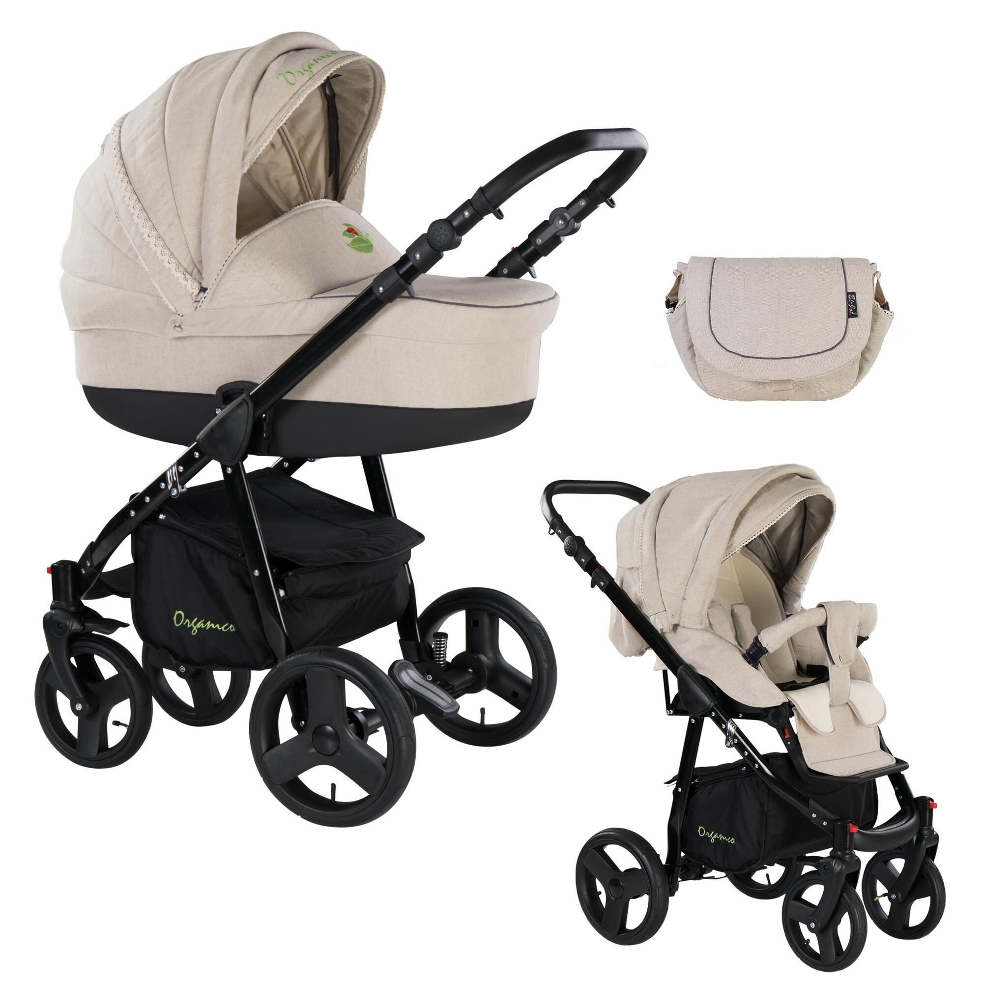 Kombikinderwagen, beige Stoff, schwarzes Gestell. Zubehör: Tasche. Organico-Logo. Vier Räder, Verdeck.
