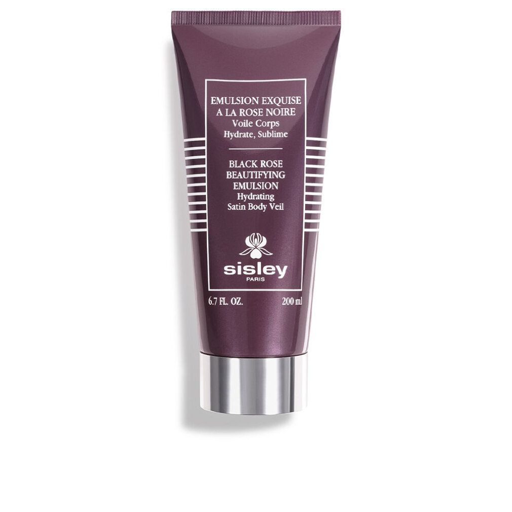 Dunkelviolette Tube. Aufschrift: Émulsion Exquise à la Rose Noire, Black Rose, Sisley. 200 ml, 6.7 fl. oz.