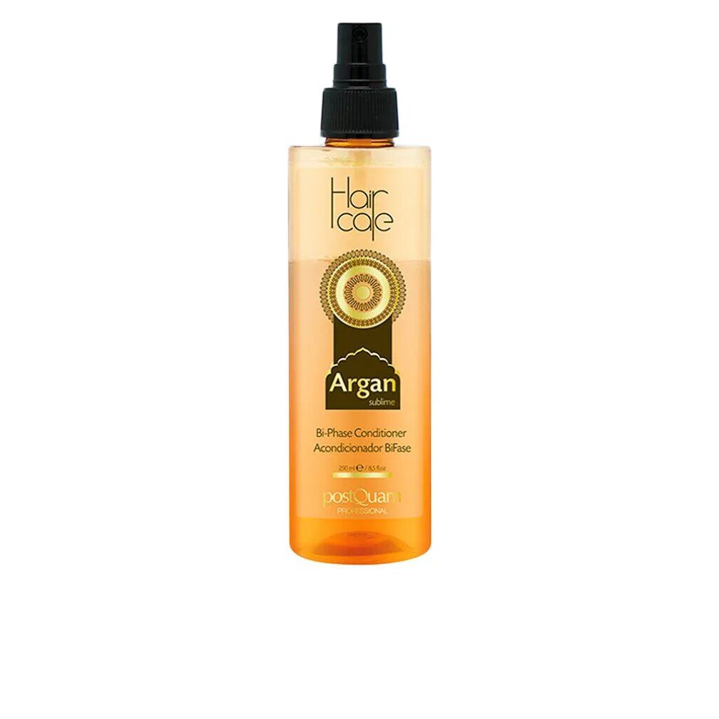 Haarpflege-Conditioner mit Sprühkopf. Aufschrift: Hair Icole, Argan, Bi-Phase Conditioner. Goldfarbene und transparente Flüssigkeit.