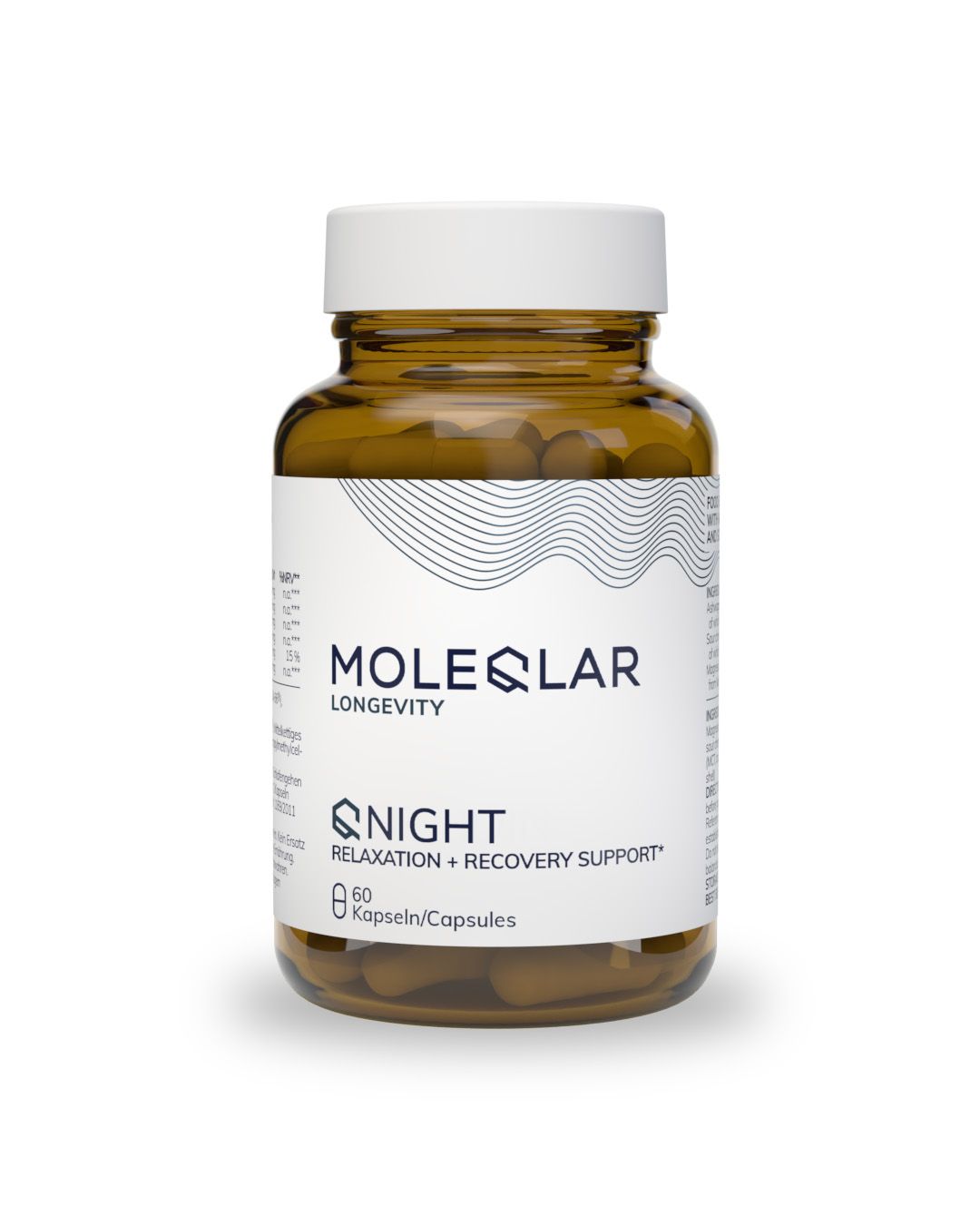 Braune Glasflasche mit weißem Deckel, gefüllt mit 60 Kapseln. Etikett mit "MOLEQULAR LONGEVITY NIGHT RELAXATION + RECOVERY SUPPORT".