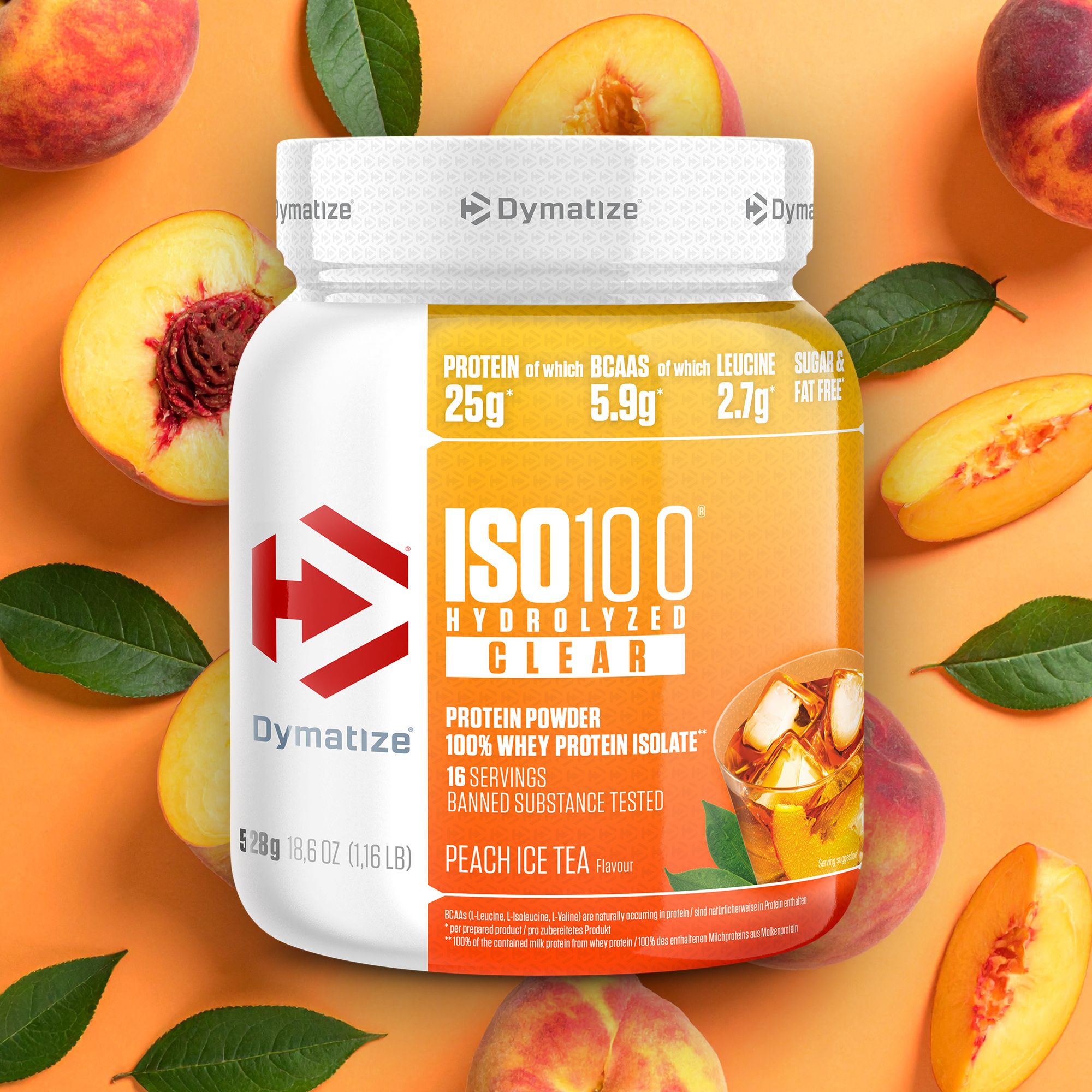 Dymatize ISO 100 Hydrolized Clear Peach Ice Tea. Weiße Dose mit gelbem Etikett. 16 Portionen. Pfirsiche und Blätter im Hintergrund.