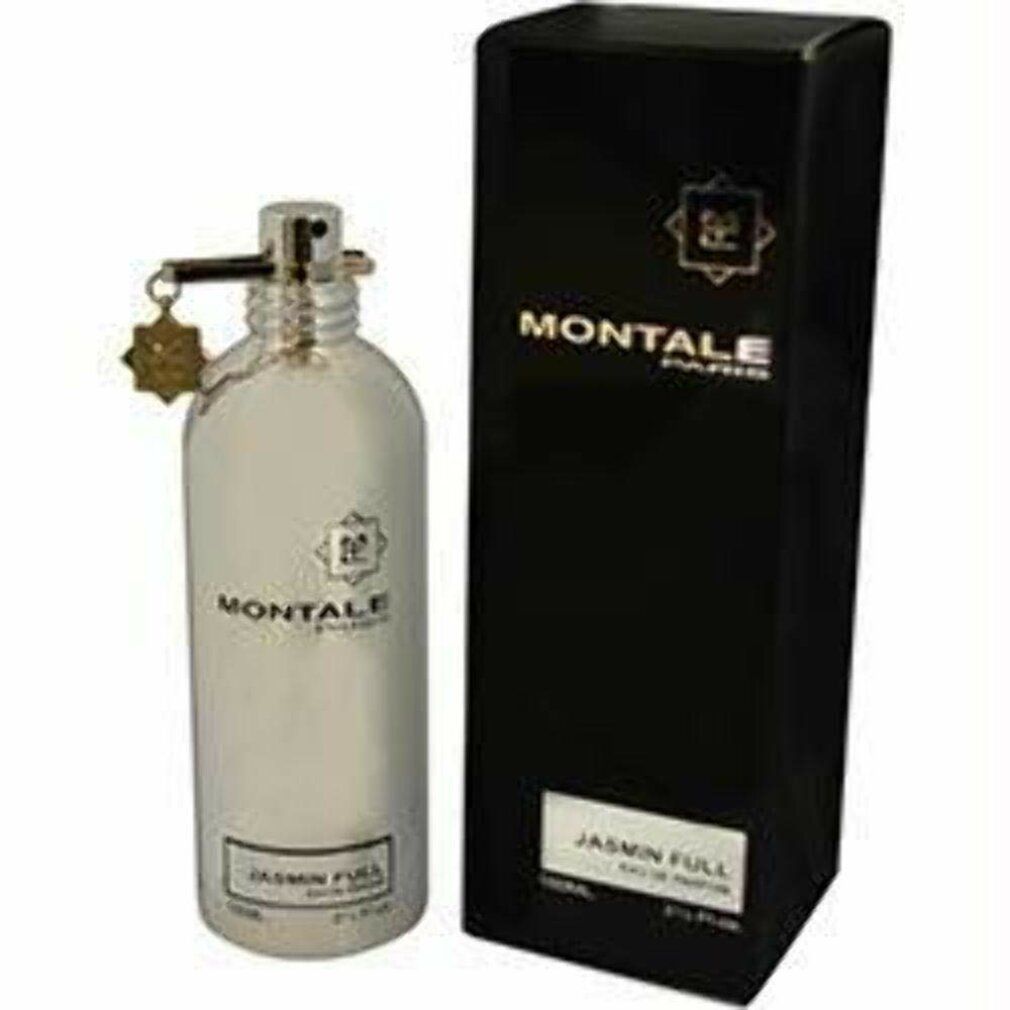 Silberne Flasche und schwarze Verpackung. Aufschrift: Montale Paris, Jasmin Full. Mit Anhänger.