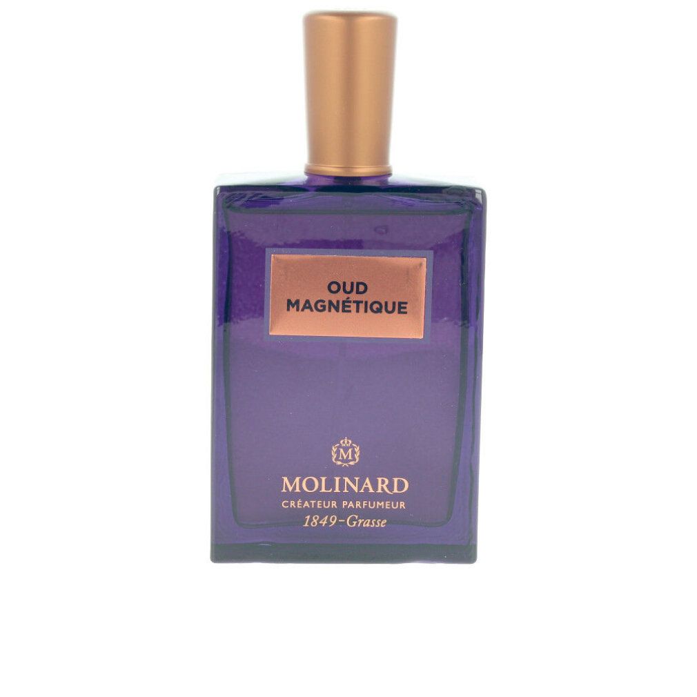 Dunkelblaue Flasche mit kupferfarbenem Verschluss. Aufschrift: Oud Magnetique, Molinard. Rechteckige Form.