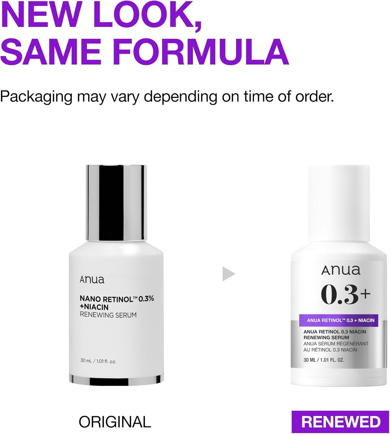 Zwei weiße Flaschen mit silbernen Deckeln. Aufschrift: Anua Nano Retinol 0,3% + Niacin Renewing Serum. Original und erneuert.