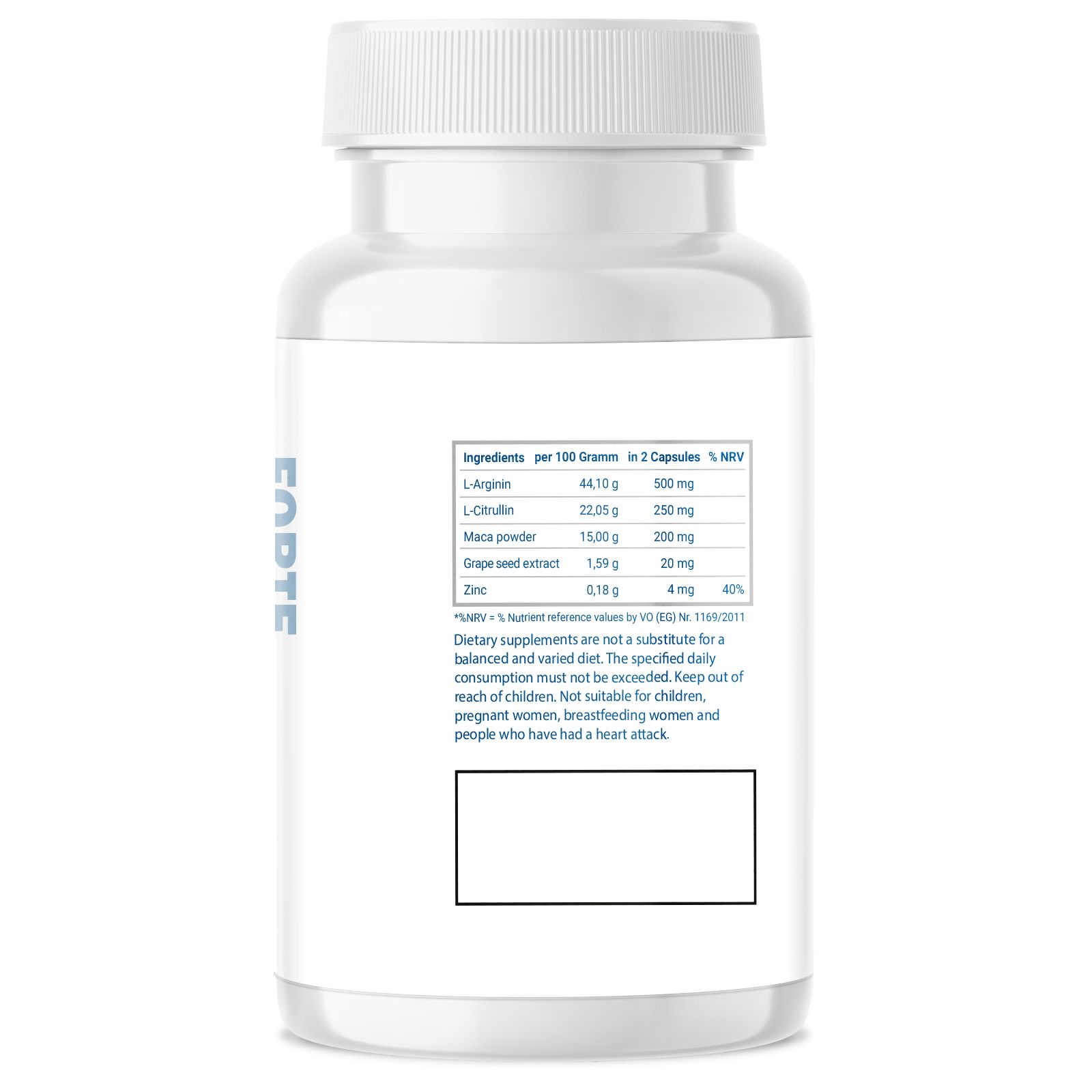 Rückseite einer weißen Flasche. Enthält eine Tabelle mit Inhaltsstoffen pro 100g und pro 2 Kapseln. Enthält Warnhinweise.