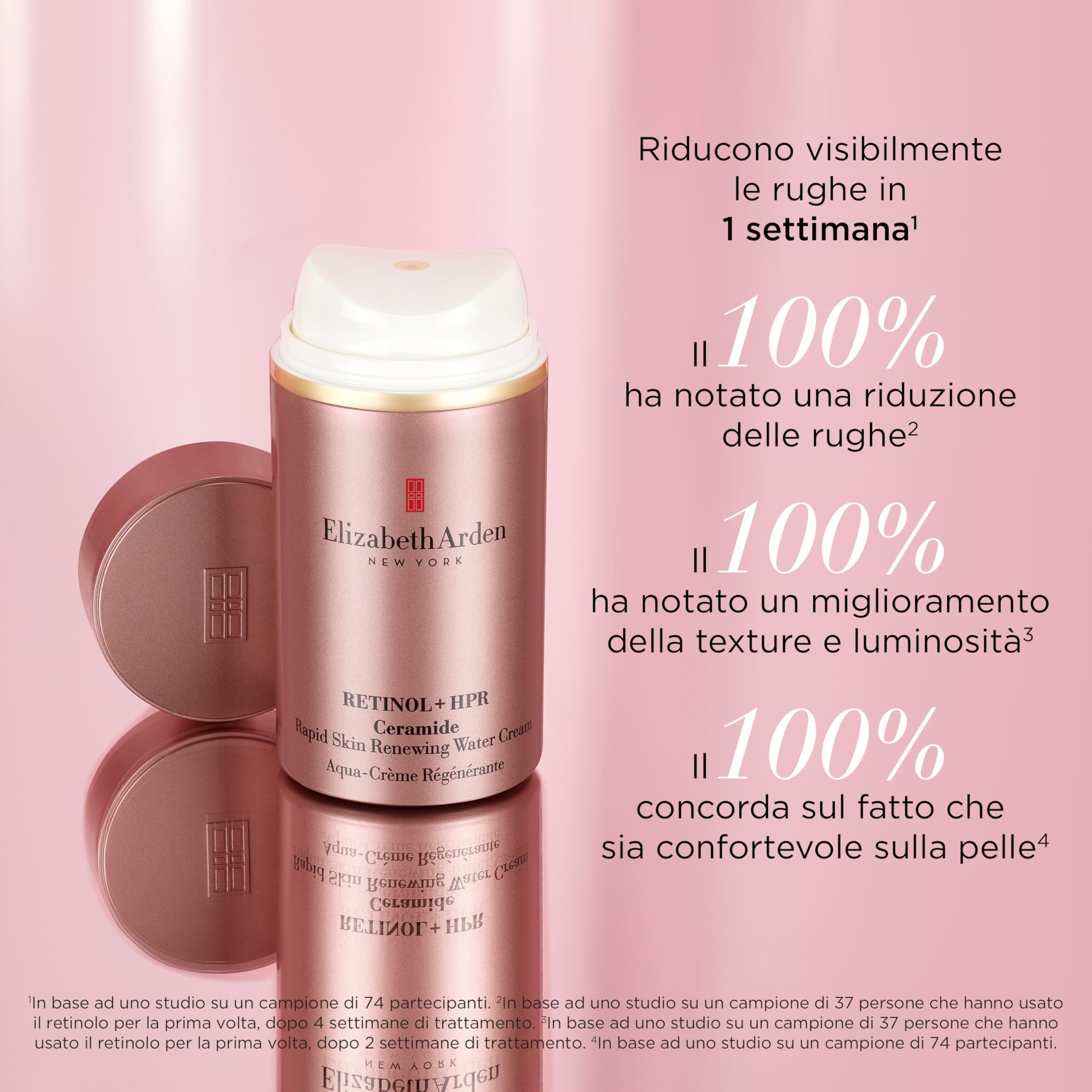 Rosa Creme-Tube mit Deckel. Elizabeth Arden, Retinol + HPR Ceramide, Aqua-Crème Régénérante. Text: 100% Reduzierung der Falten.