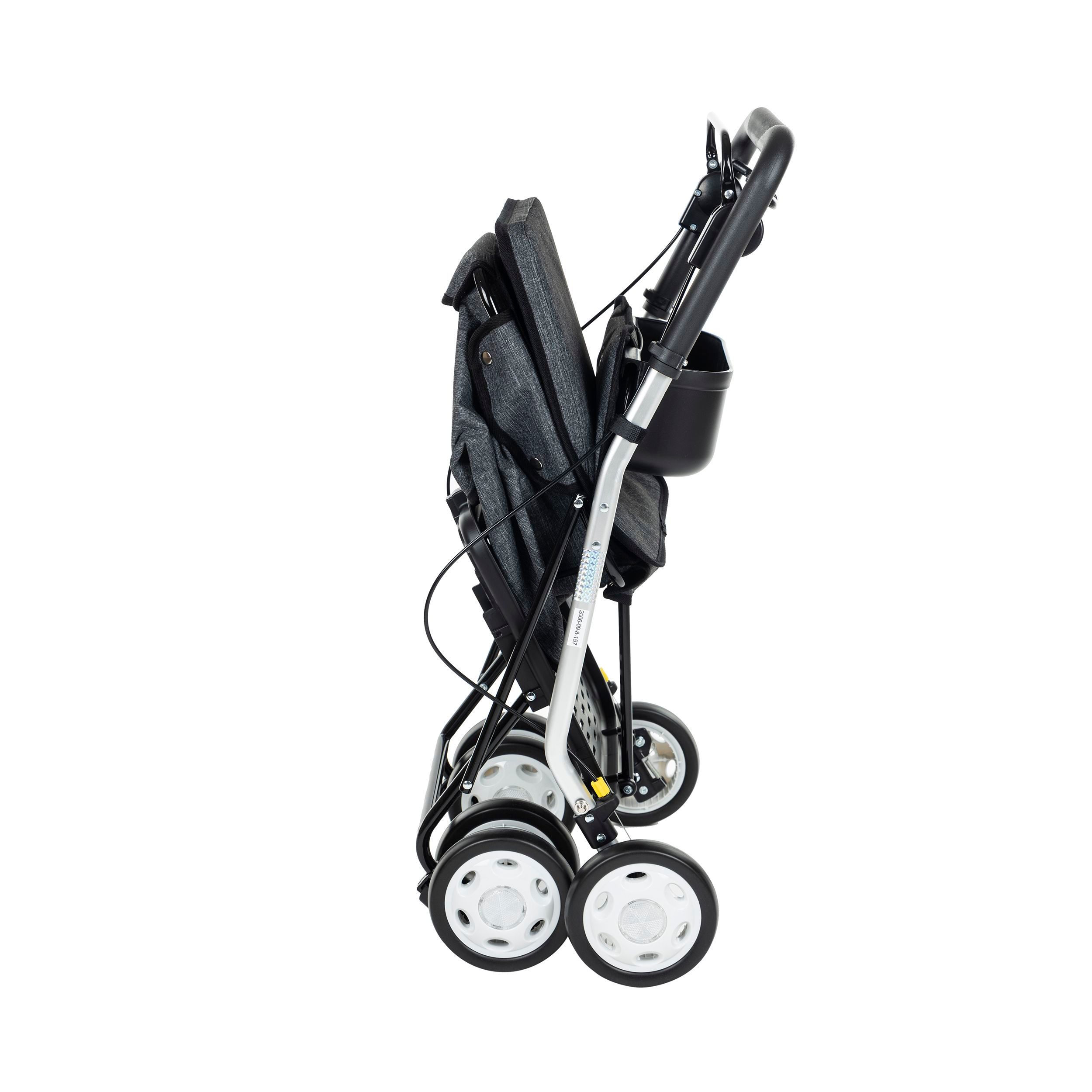 Carlett Comfort Einkaufstrolley, zusammengeklappt. Grau, vier Räder, schwarzer Rahmen, Sitz und Tasche.
