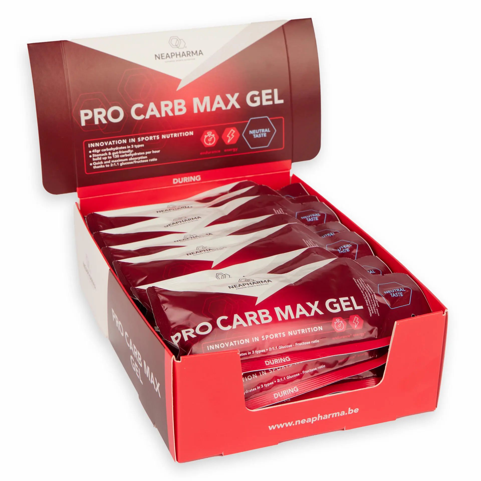 Rote Kartonverpackung mit Gel-Päckchen. Aufdruck: Pro Carb Max Gel, Neapharma Logo. Geöffnet, Inhalt sichtbar.
