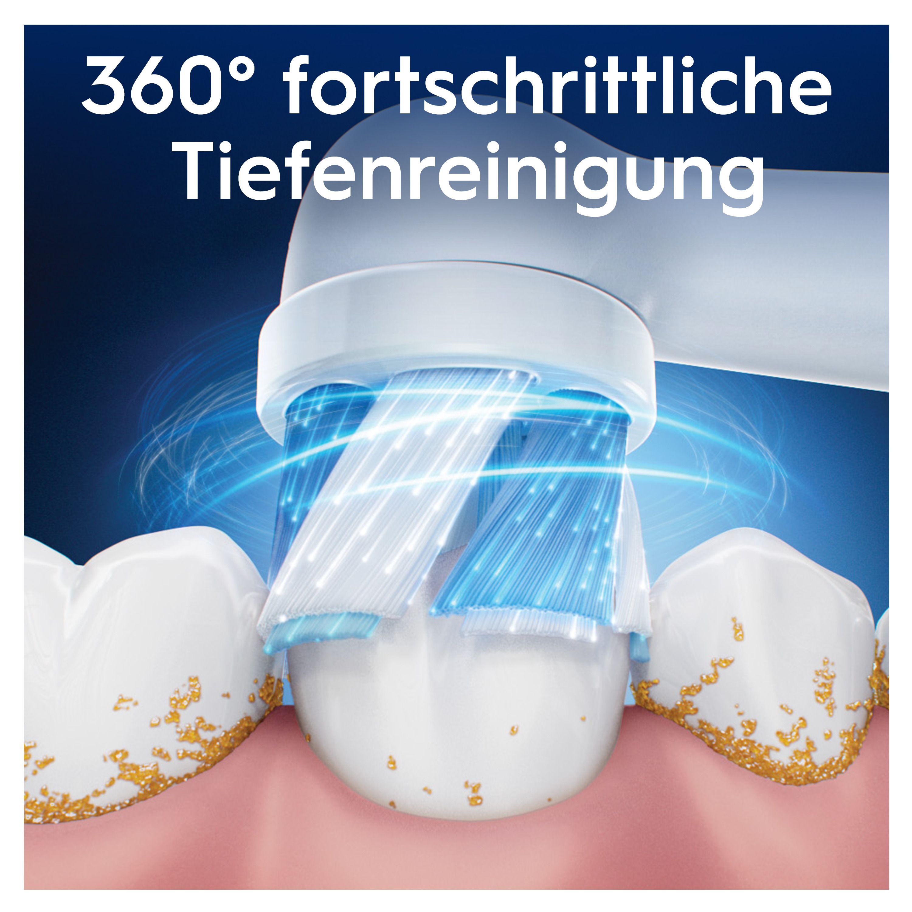 Nahaufnahme eines Bürstenkopfes, der Zähne reinigt. Text: 360° fortschrittliche Tiefenreinigung.
