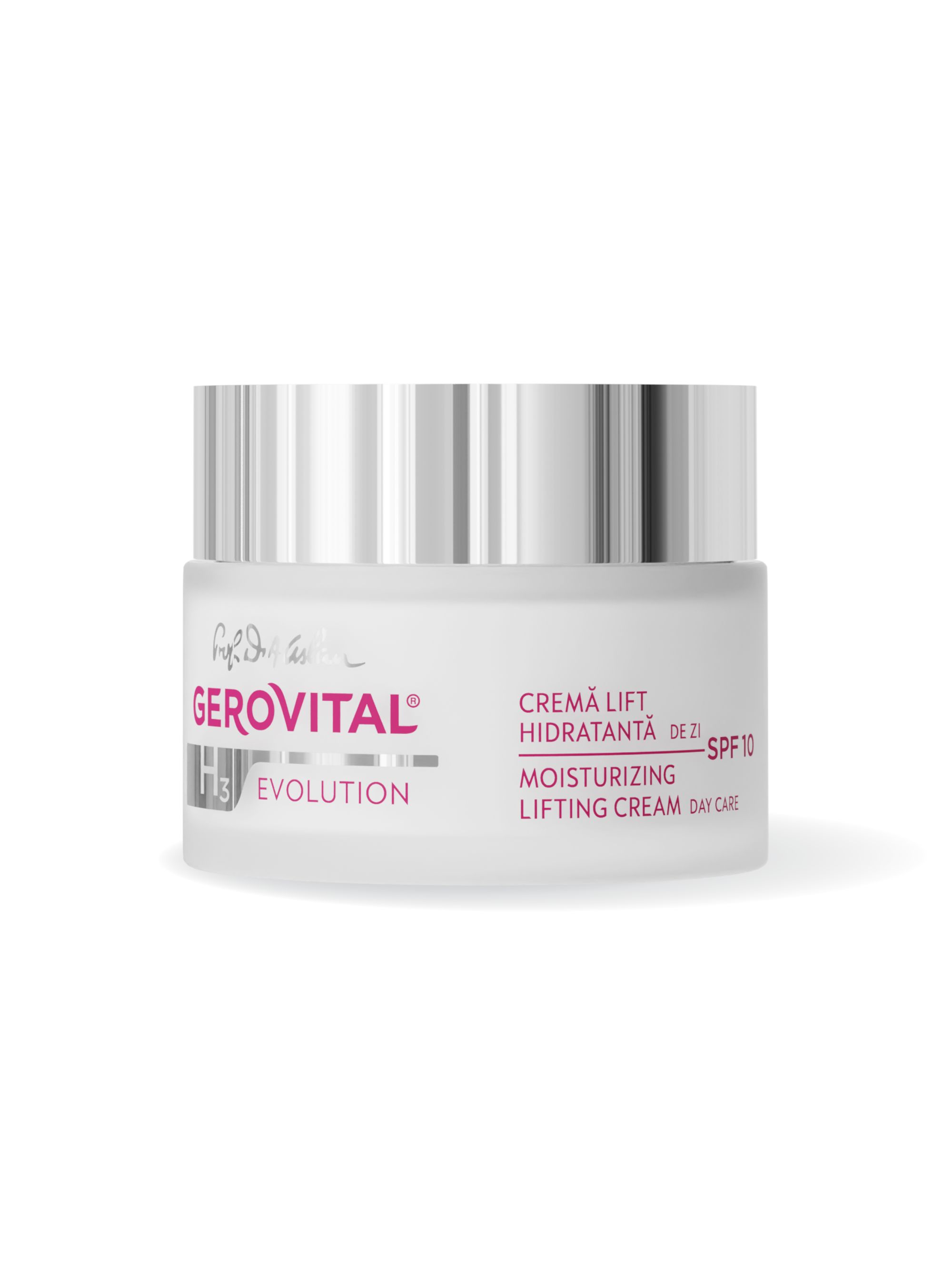 Creme-Tiegel. Aufschrift: Gerovital H3 Evolution, Crema Lift Idratantă, SPF 10. Tagescreme.