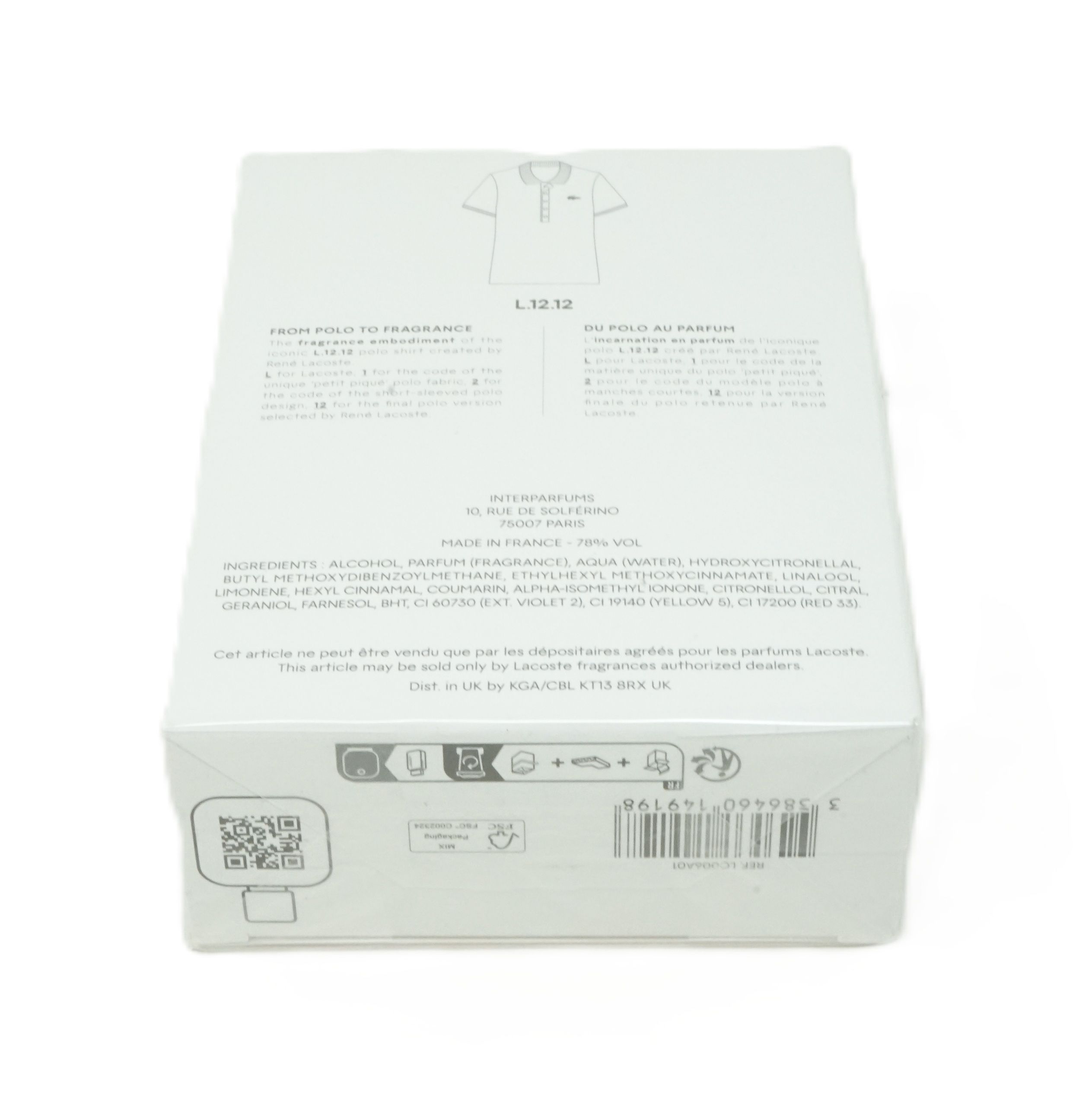 Rückseite der LACOSTE L.12.12 Rose Sparkling Eau de Toilette Verpackung mit Inhaltsstoffen und Barcode.