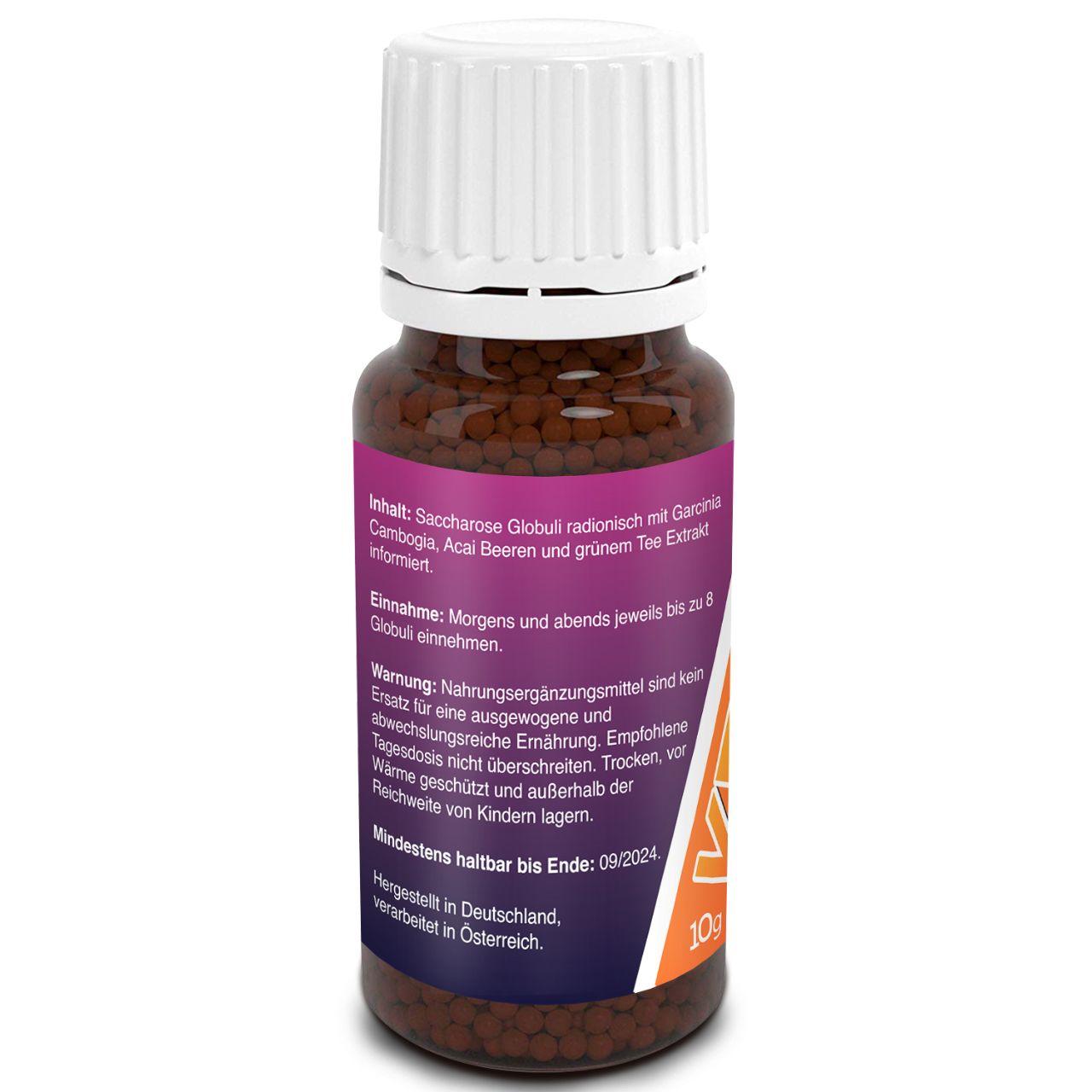 Rückseite der Flasche mit braunen Globuli. Text: Inhaltsstoffe, Anwendung, Warnhinweise. Lila-weißes Etikett. Adema Natural®.