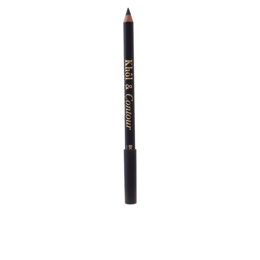 Schwarzer Kajalstift mit goldfarbener Schrift. Aufschrift: Khol & Contour. Schwarze Kappe. Spitze nach oben gerichtet.