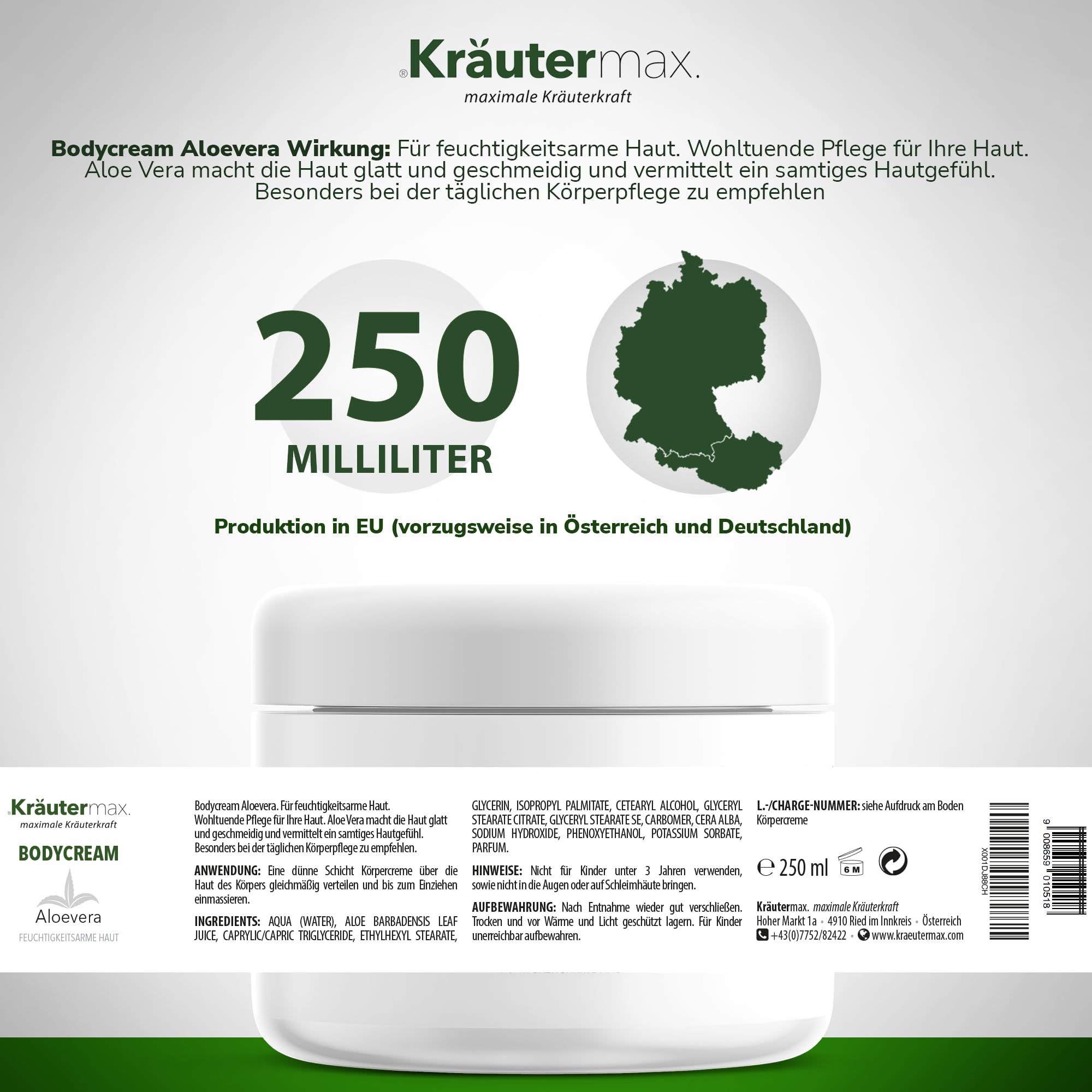Kräutermax Bodycream Aloevera mit 250 ml. Text: Wirkung, Inhaltsstoffe, Anwendung. EU-Produktion. Deutschland-Umriss.