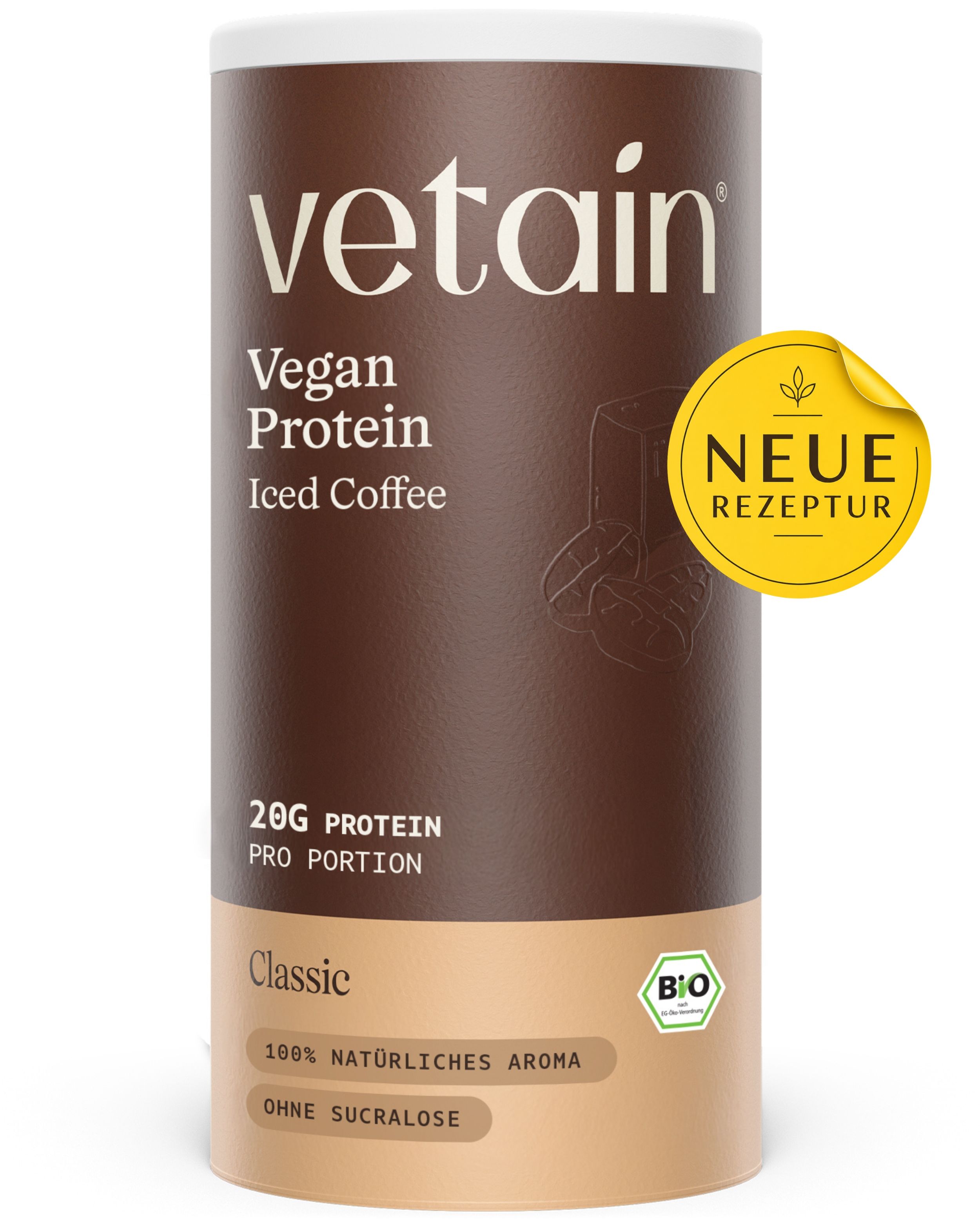 Dose Vetain Vegan Protein Iced Coffee Classic mit Bio-Siegel.