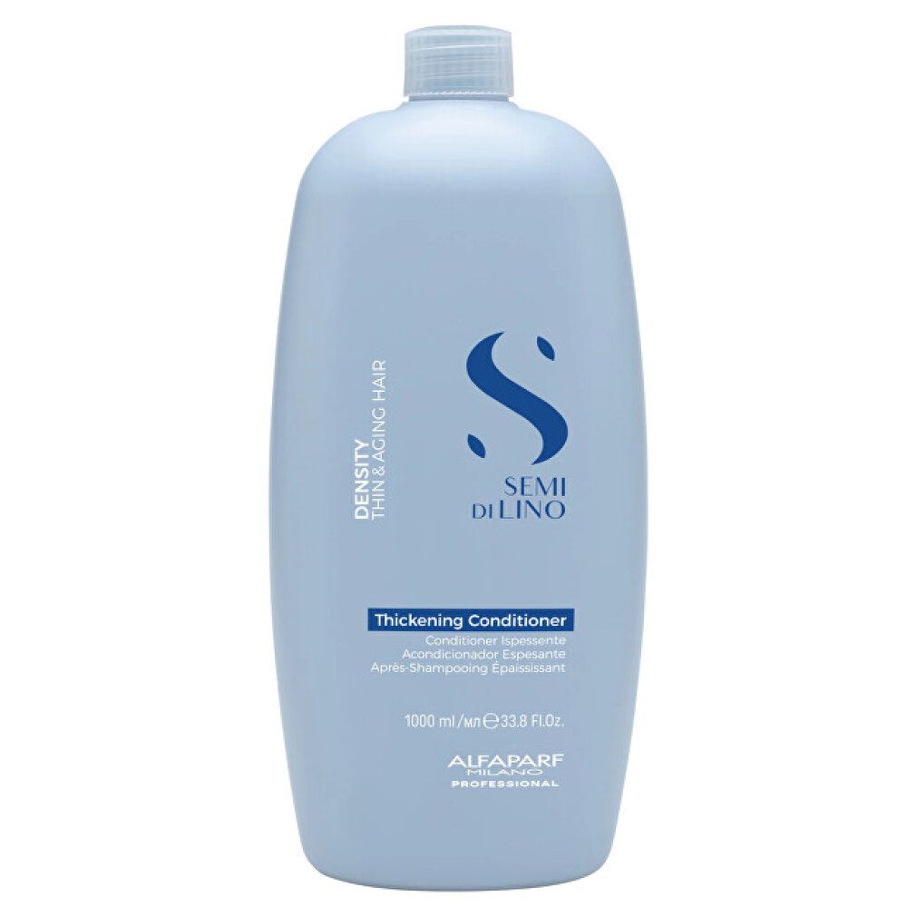 Alfaparf Milano Semi di Lino Density Verdichtender Conditioner in einer großen hellblauen Flasche.