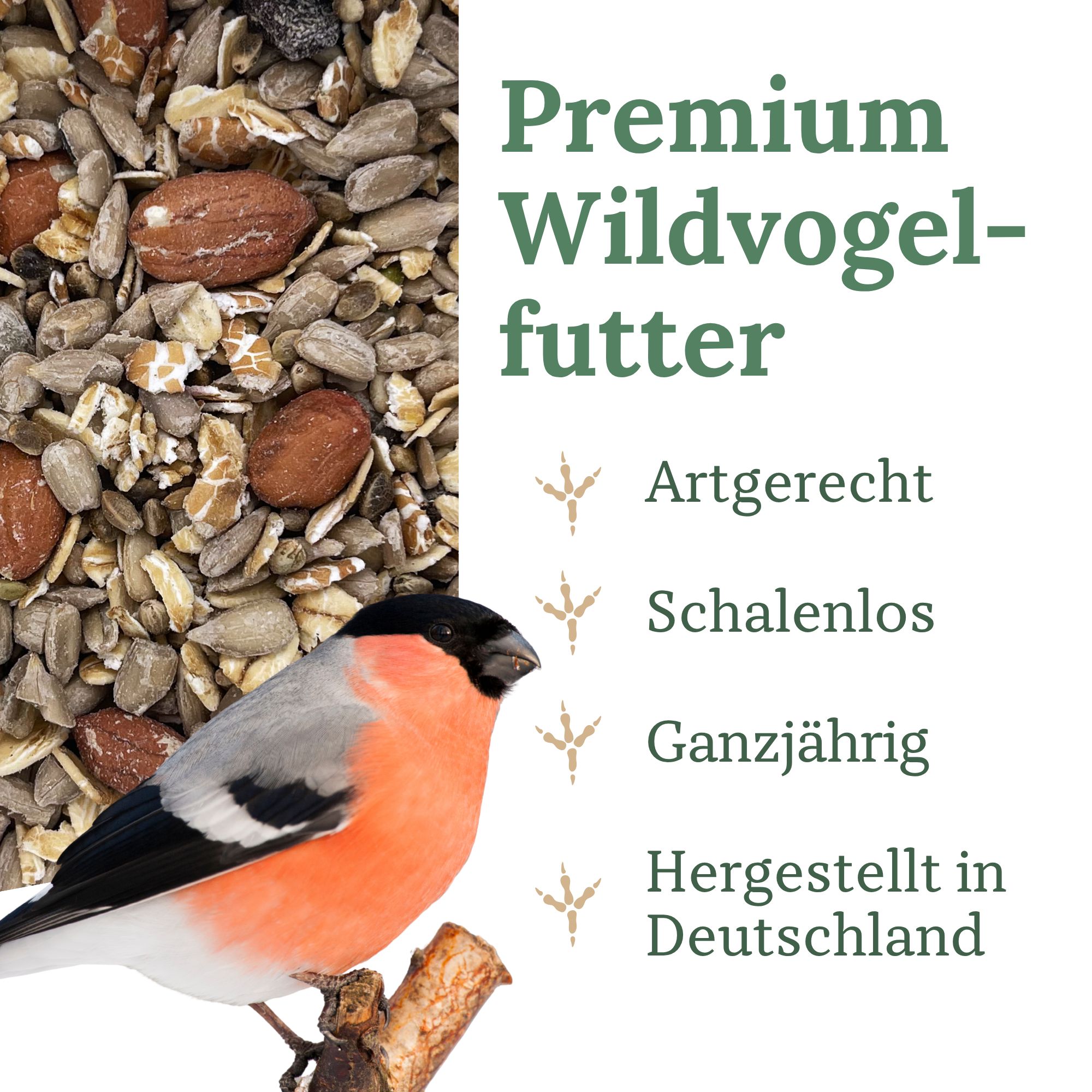 Premium-Wildvogelfutter mit Nüssen und Samen, schalenlos, ganzjährig, hergestellt in Deutschland.