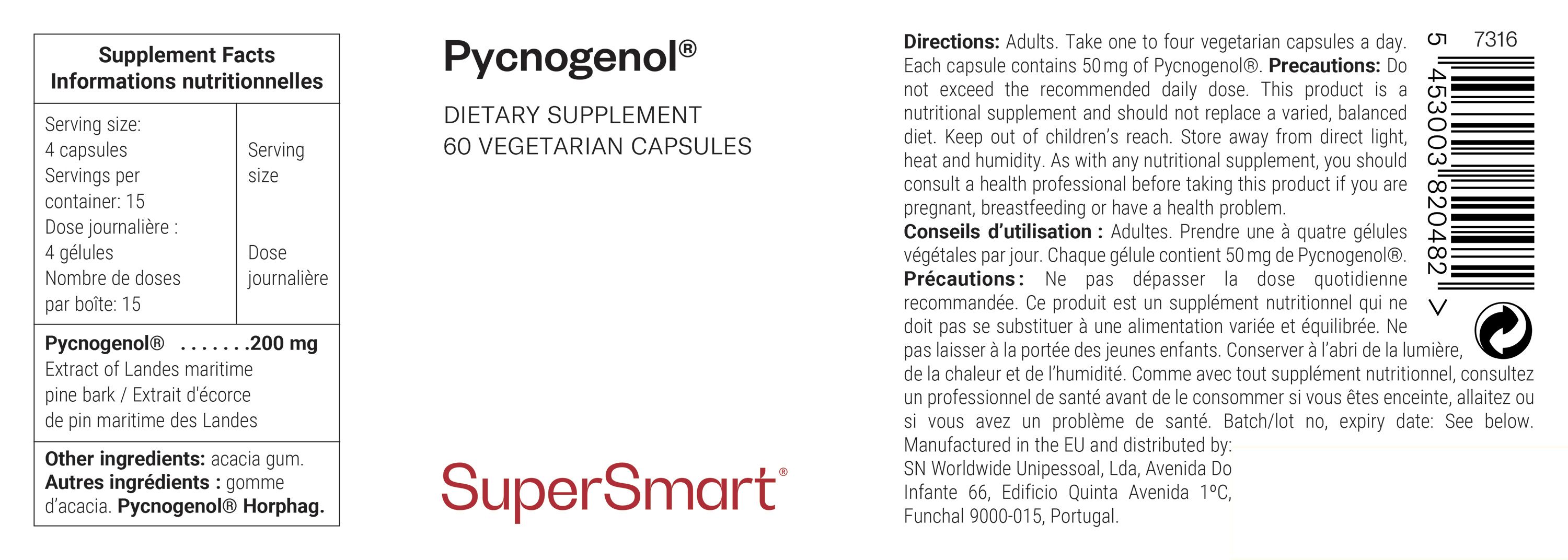 Etikett mit Informationen zu Pycnogenol®. Enthält Angaben zu Inhaltsstoffen, Dosierung und Hersteller SuperSmart. Barcode.